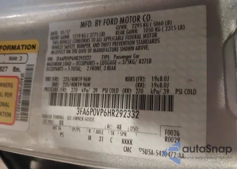 2017 Ford Fusion Sport из США, поврежденный, VIN 3FA6P0VP6HR292332